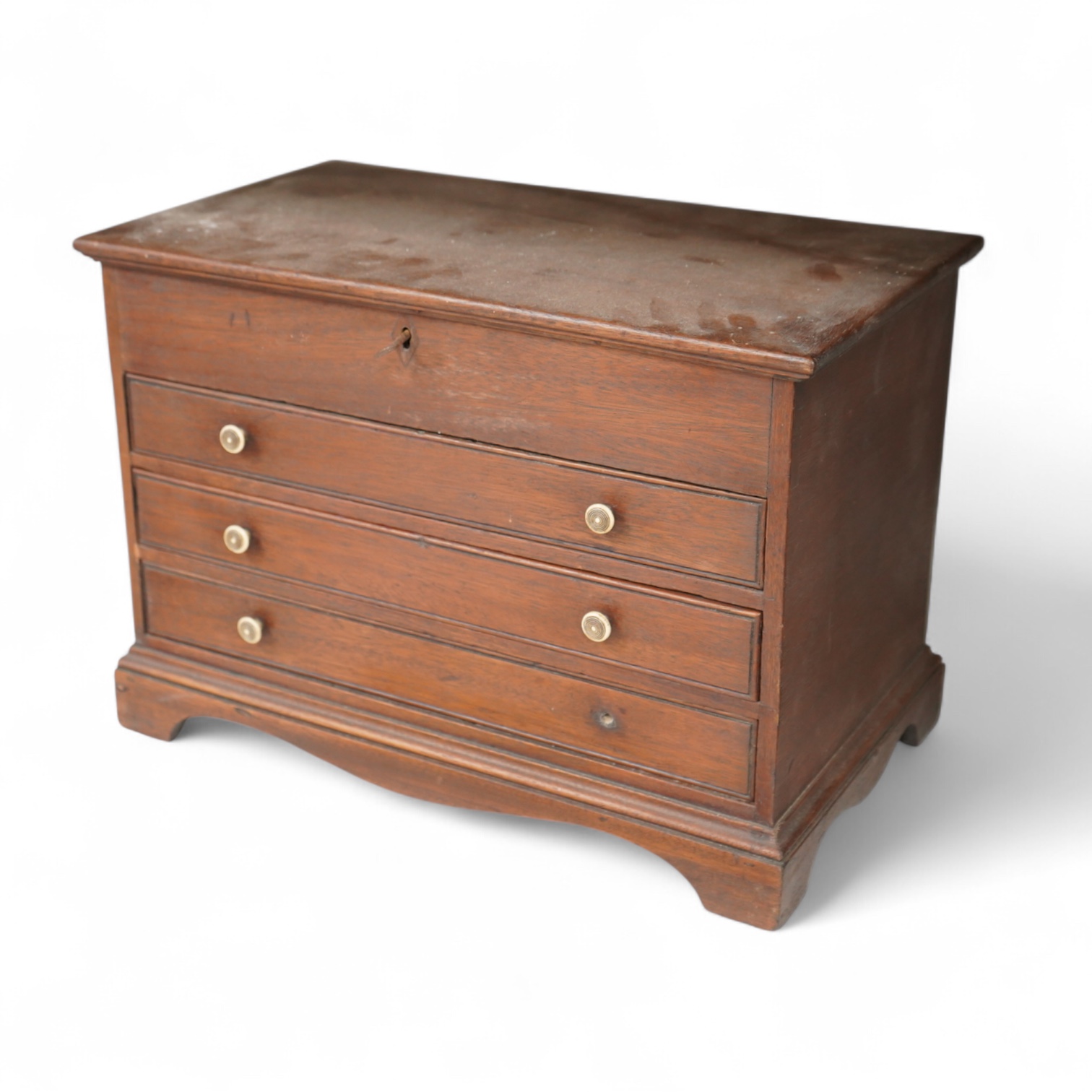 An early 19th century mahogany three drawer collector’s cabinet, with circular ivory handles, 40cm wide x 28cm high CITES Submission Reference O28HYZ0E